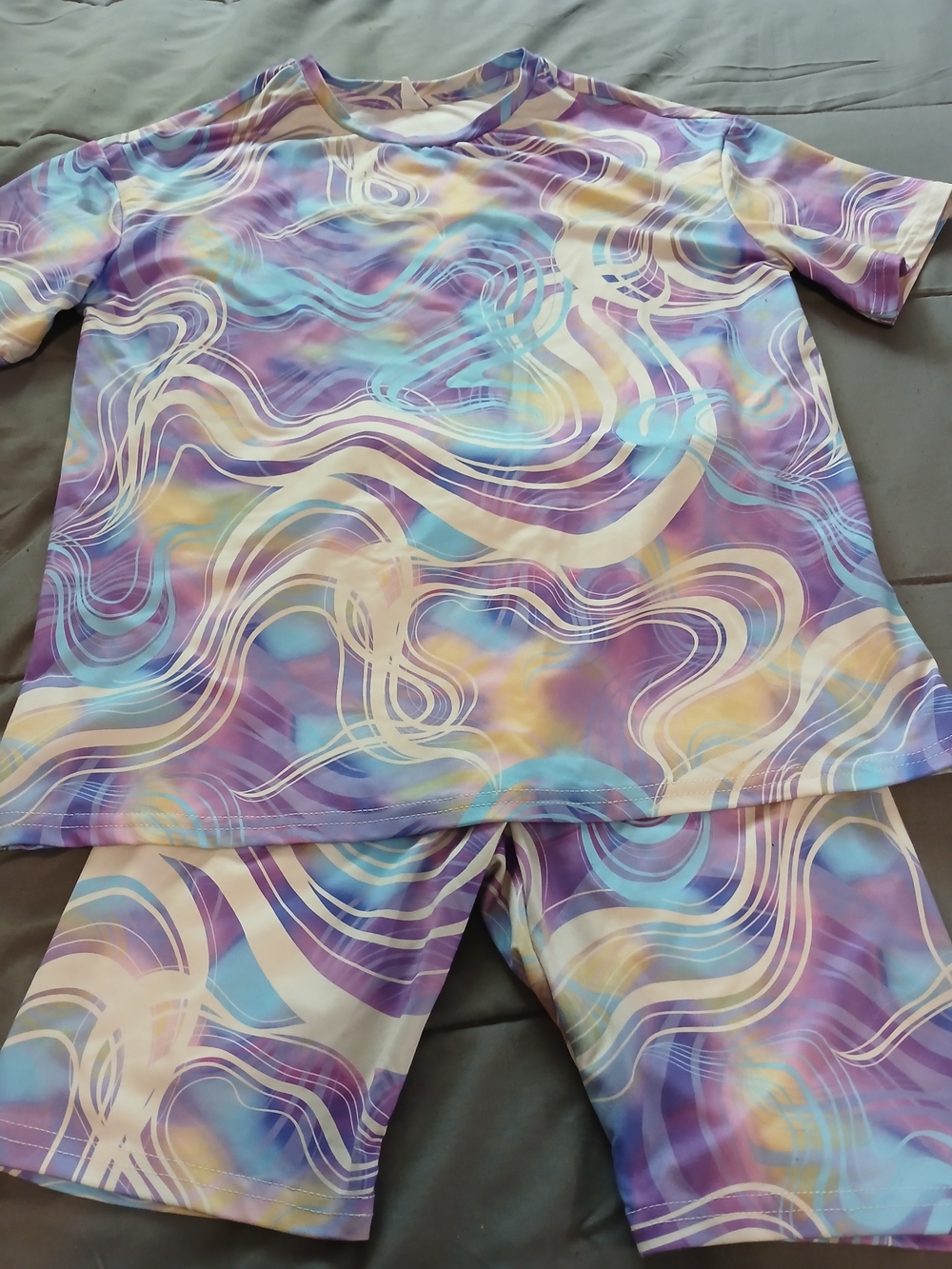 Youth Abstract Marble 2pc Set T-Shirt & Biker Shorts Purple Blue Sz 10Y